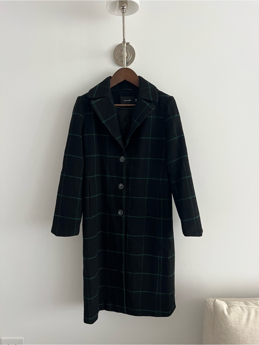 Tahari Black Coat with Green Windowpane